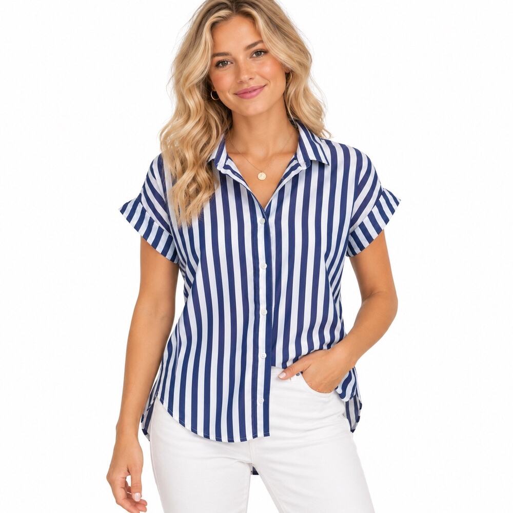 J. crew Cotton Nautical Coastal Blue and White striped short sleeve top. Women S